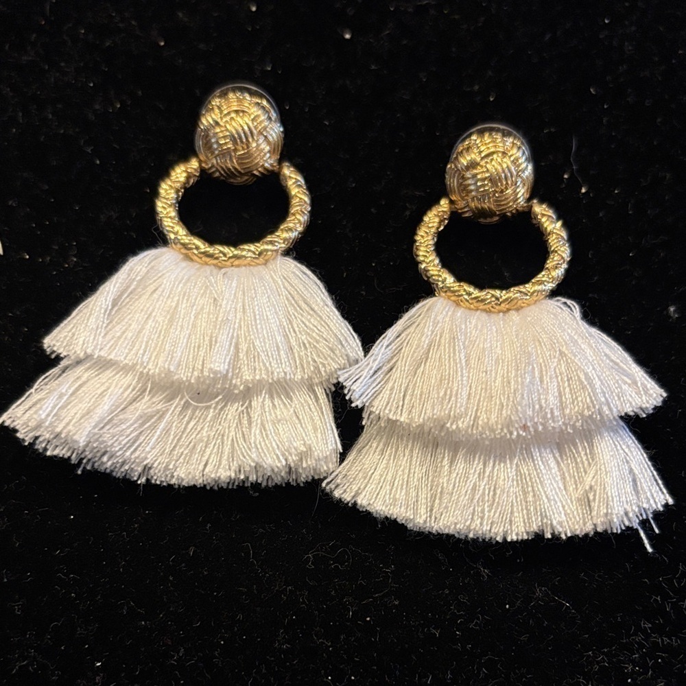 Elegant Gold and White Tassel Earrings